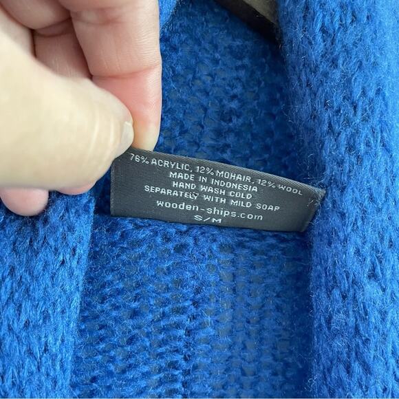 Wooden Ships Women’s Blue Color Block Knit Acrylic Mohair Wool Open Cardigan S/M - Picture 5 of 10